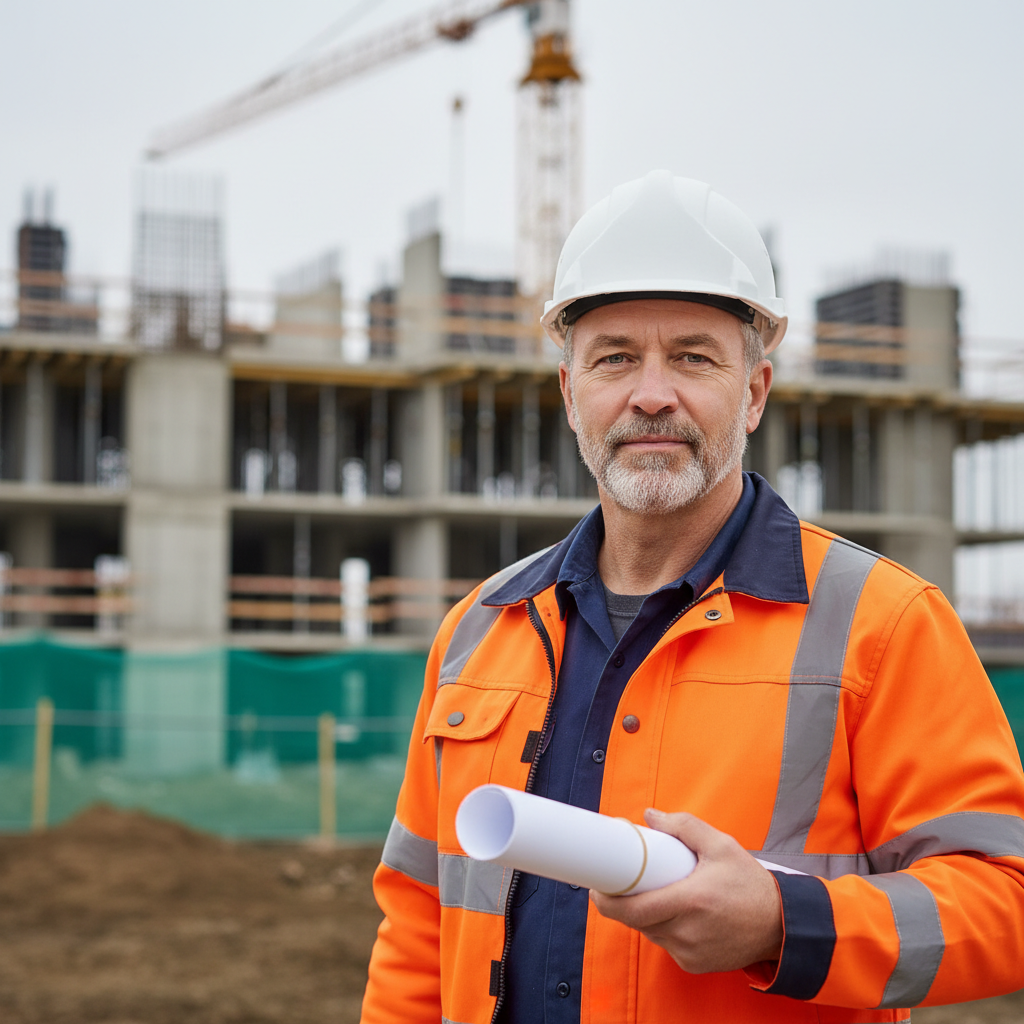 Jefe de obra con chaqueta de alta visibilidad y un plano enrollado