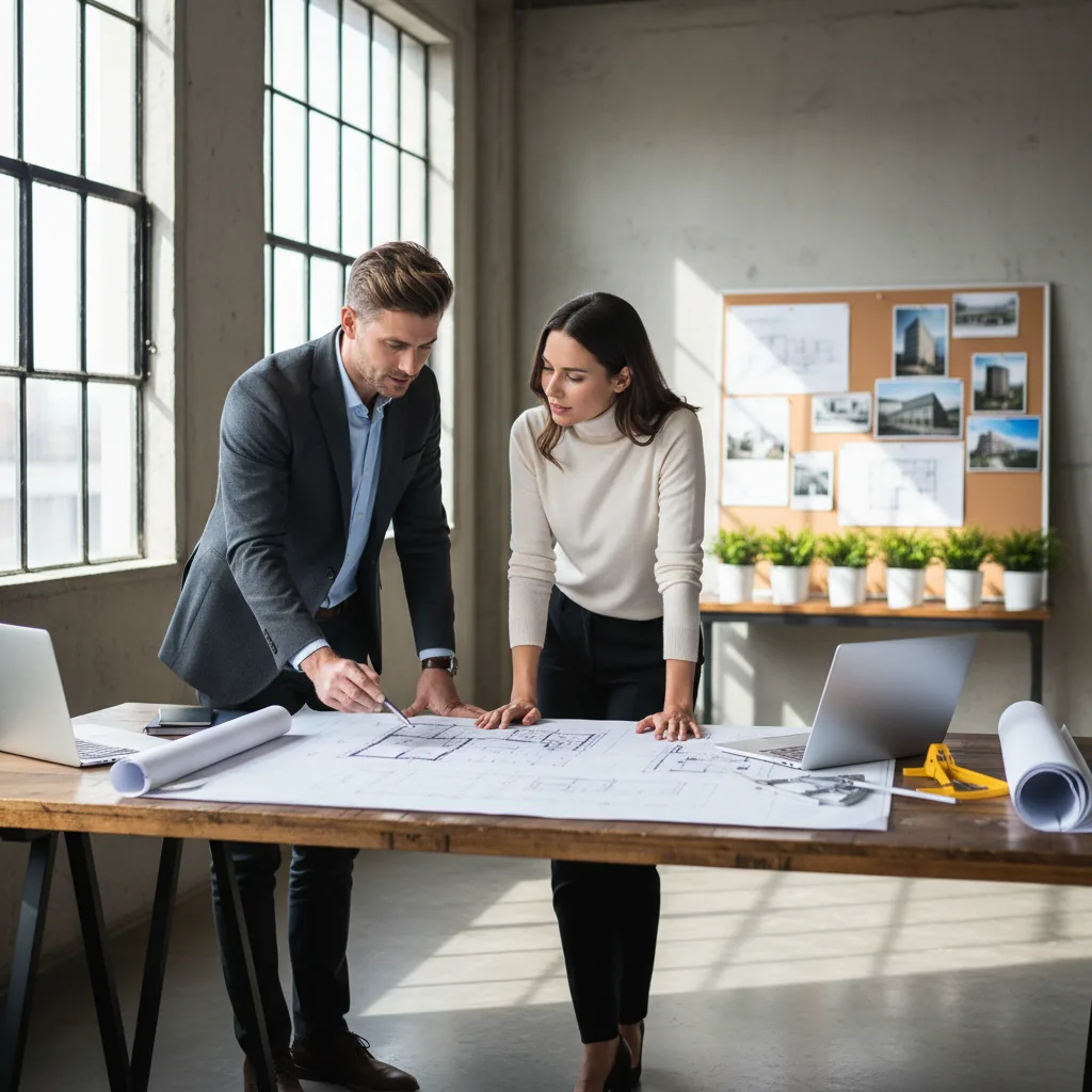 Two professionals discussing drawings, illustrating direct communication