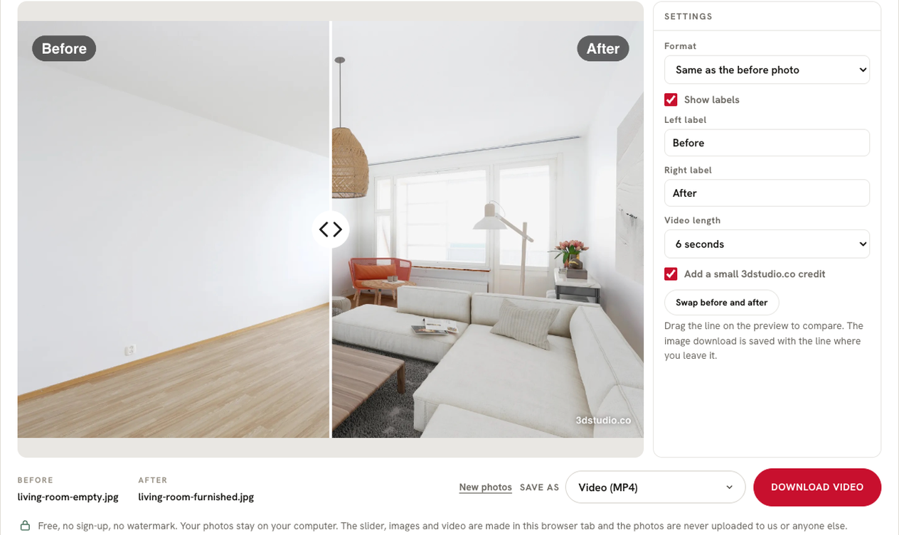 Screenshot of the free before and after slider maker comparing an empty and a staged living room
