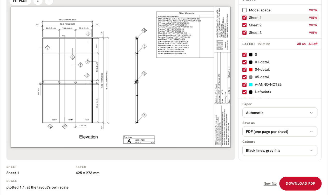 Screenshot of the free DWG viewer showing a curtain wall detail sheet with its layer list