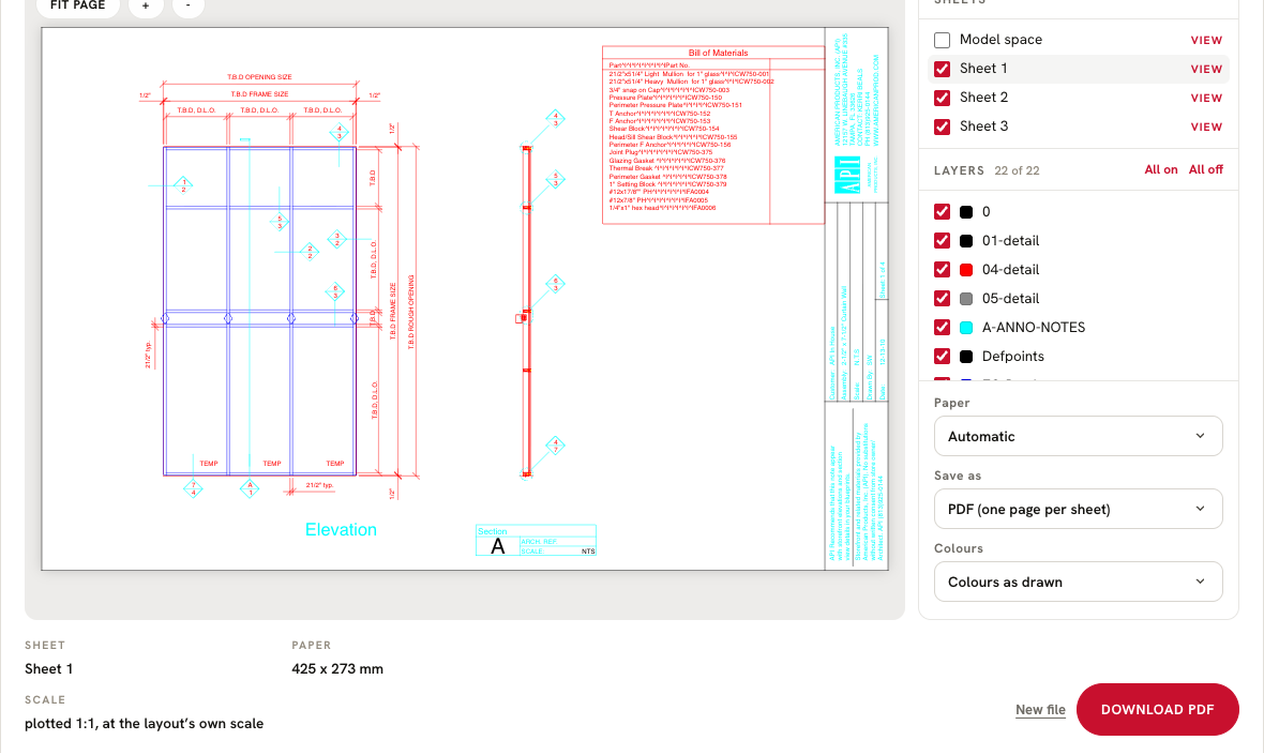 Screenshot of the free DXF viewer showing a curtain wall elevation sheet with its layer list