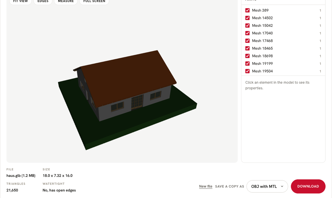 Screenshot of the free GLB viewer showing a house model with its size, triangle count and parts list