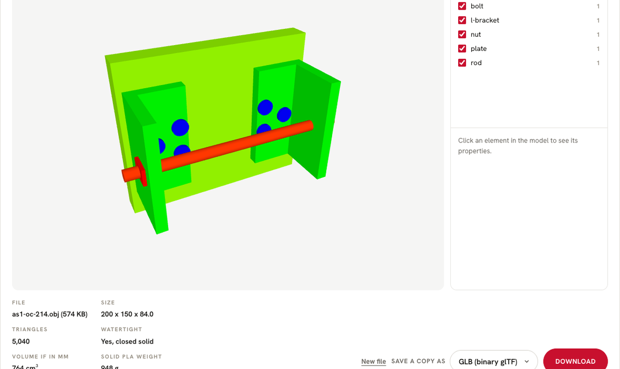 Screenshot of the free OBJ viewer showing a bolted bracket assembly with its volume and parts list