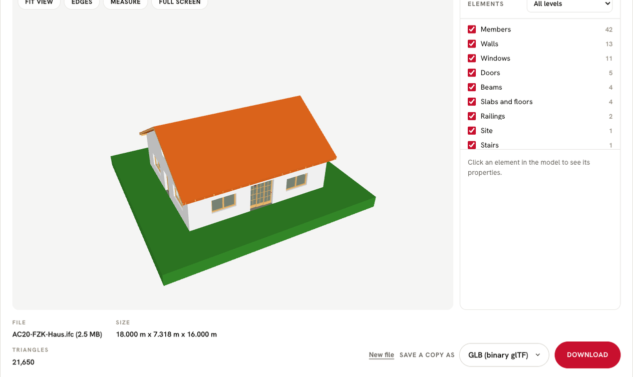 Screenshot of the free online 3D viewer showing a house model with its building elements listed by type