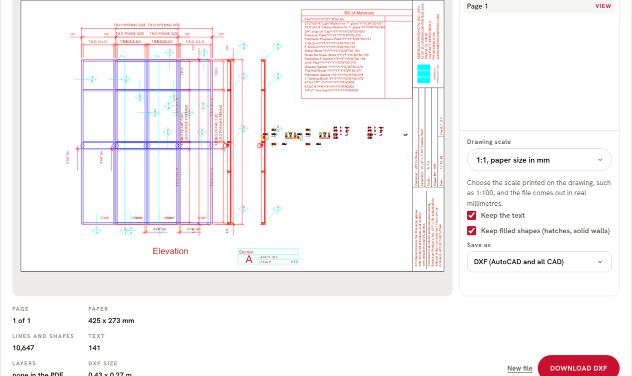 Screenshot of the free PDF to DWG converter showing a curtain wall elevation sheet extracted as CAD lines and text