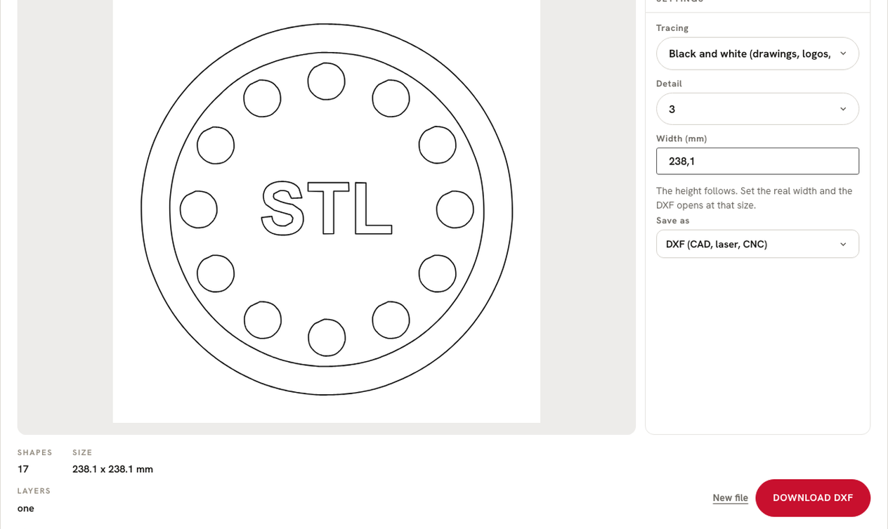 Screenshot of the free PNG to DXF converter showing a round logo traced into clean outline shapes