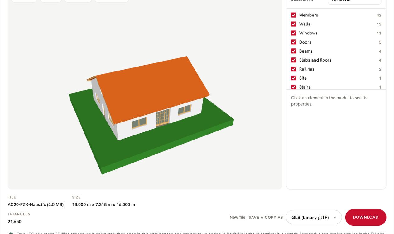 Screenshot of the free Revit viewer showing a house model with its element list