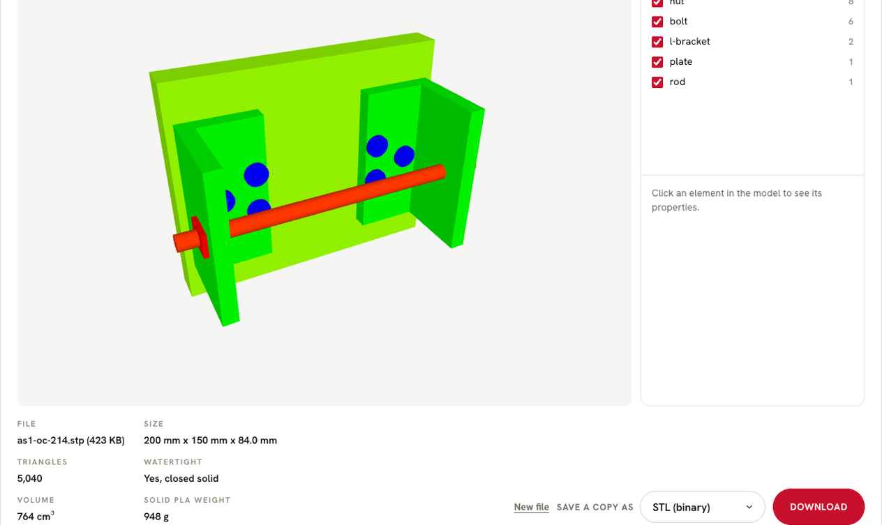 Screenshot of the free SolidWorks viewer showing a mechanical assembly with its parts list
