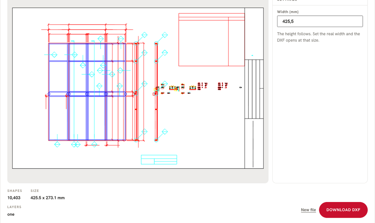 Screenshot of the free SVG to DXF converter showing a curtain wall elevation drawing read as CAD lines with its size in millimetres