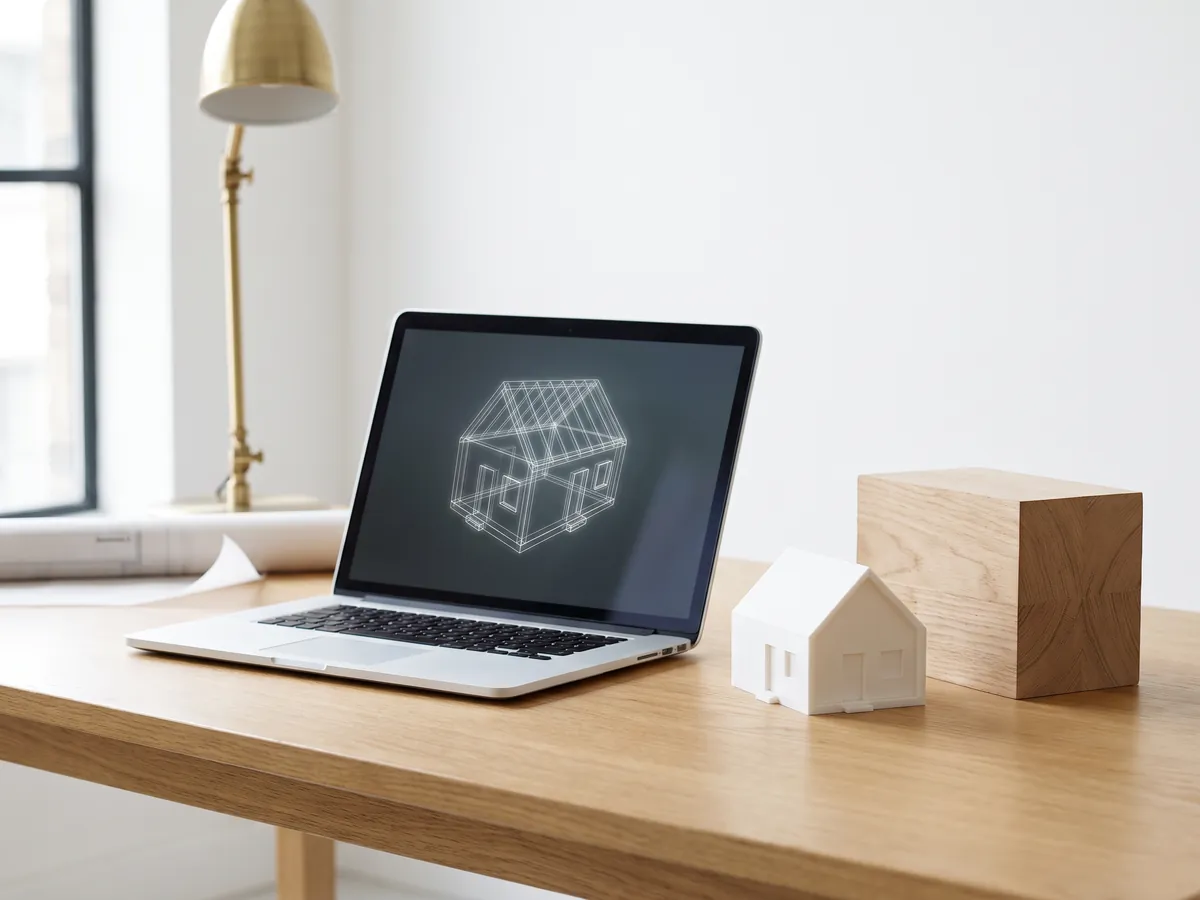 Laptop showing a wireframe house model, with a 3D printed and a wooden model of the same house