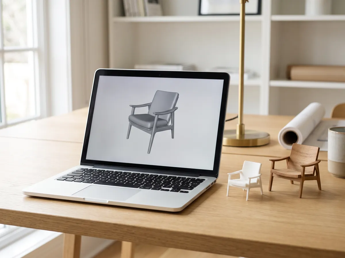 Laptop showing a 3D model of a lounge chair beside small printed and wooden 3D models on a desk