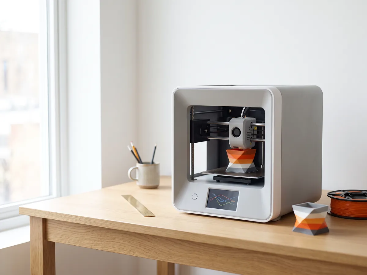 Desktop 3D printer printing a multi-colour part, with a finished part and a spool of filament beside it