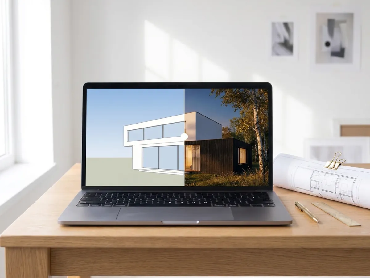 Laptop on an oak desk comparing a white SketchUp model of a villa with the same villa as a photoreal AI render