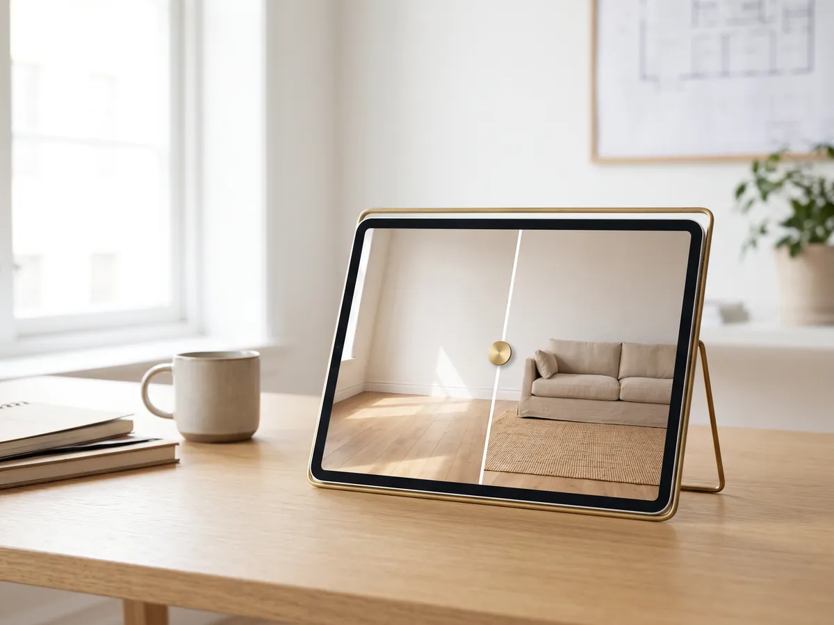 Tablet showing a living room split down the middle, empty on the left and furnished on the right