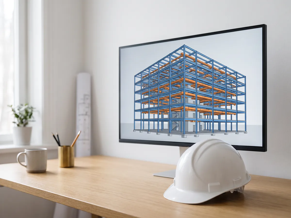 Monitor showing a BIM model of an office building with steel in blue and ducts in orange, a white hard hat in front