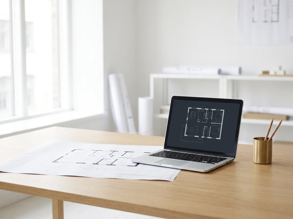 Printed architectural floor plan on a desk next to a laptop showing the same plan
