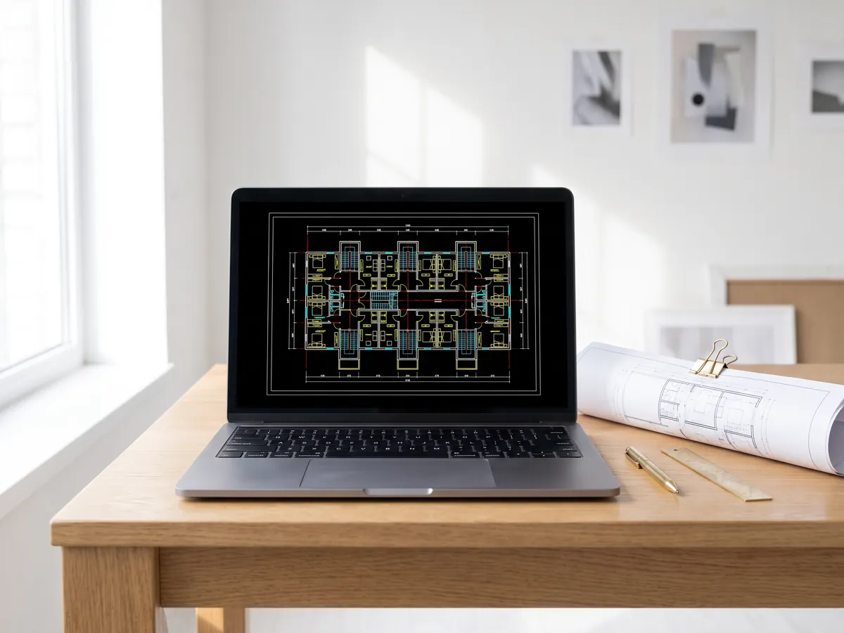 Laptop on an oak desk showing a CAD floor plan with coloured layers, next to a rolled drawing