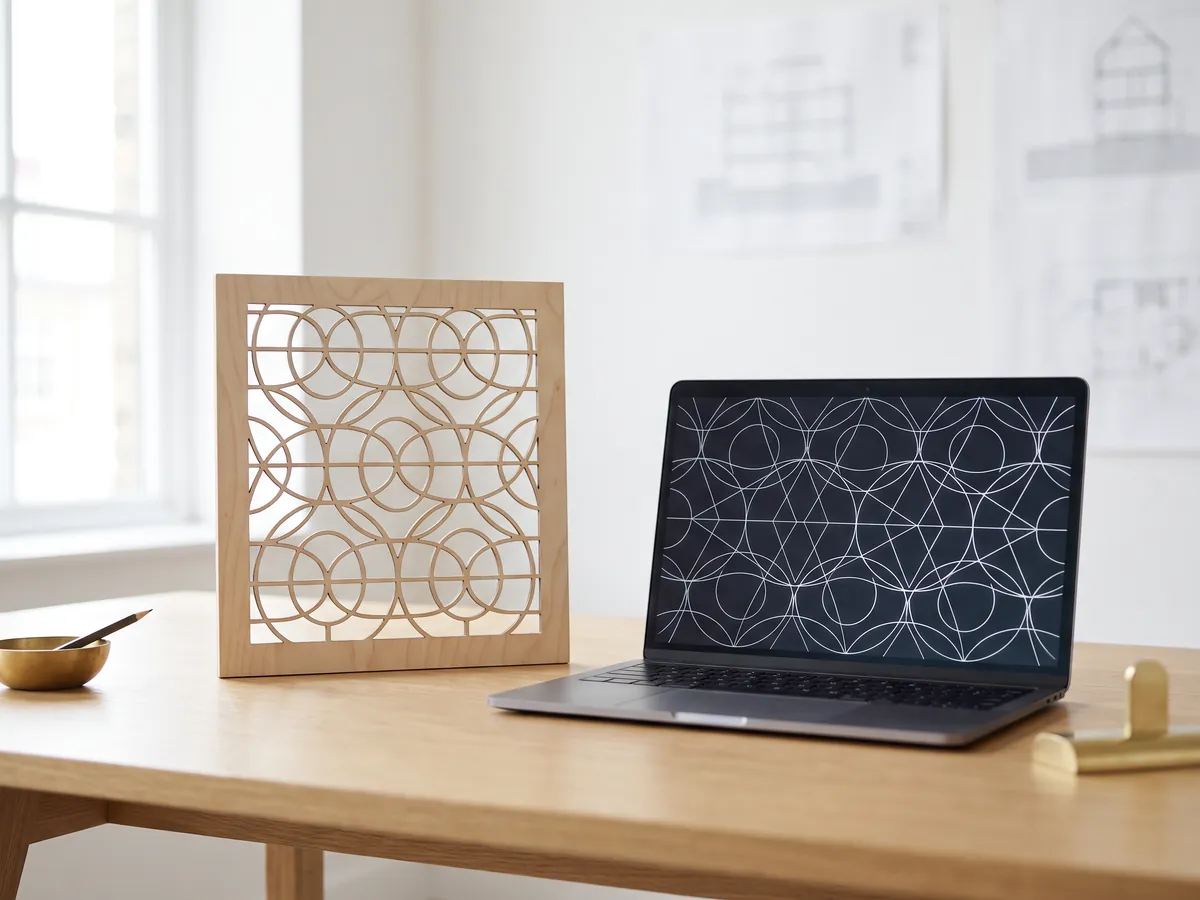 Laser-cut plywood panel standing next to a laptop showing the same pattern as vector lines