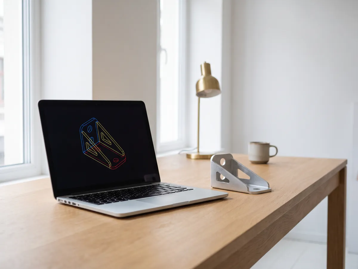 Laptop showing a CAD drawing of a mechanical part outline with coloured layers next to a laser-cut aluminium version of the part