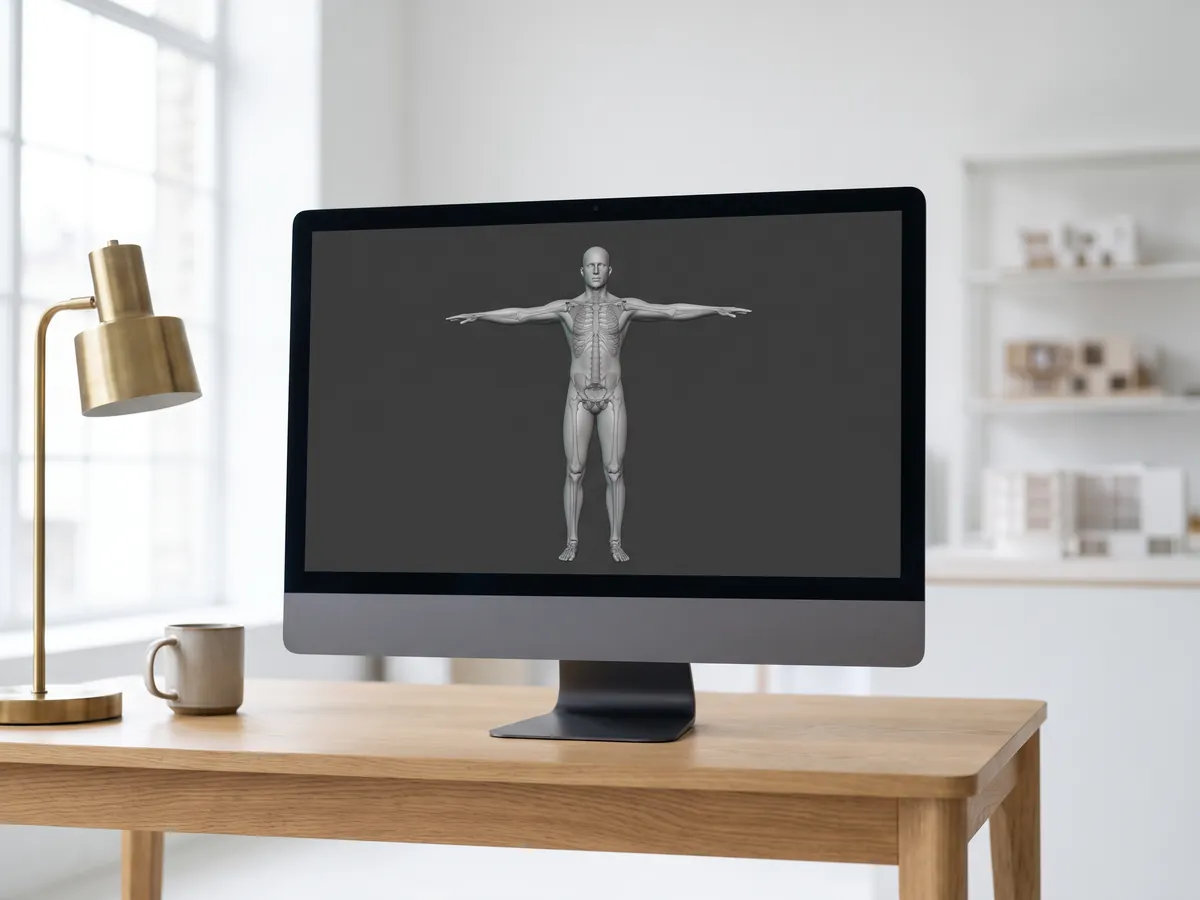 Monitor showing a grey 3D human figure in a T-pose with its bone skeleton