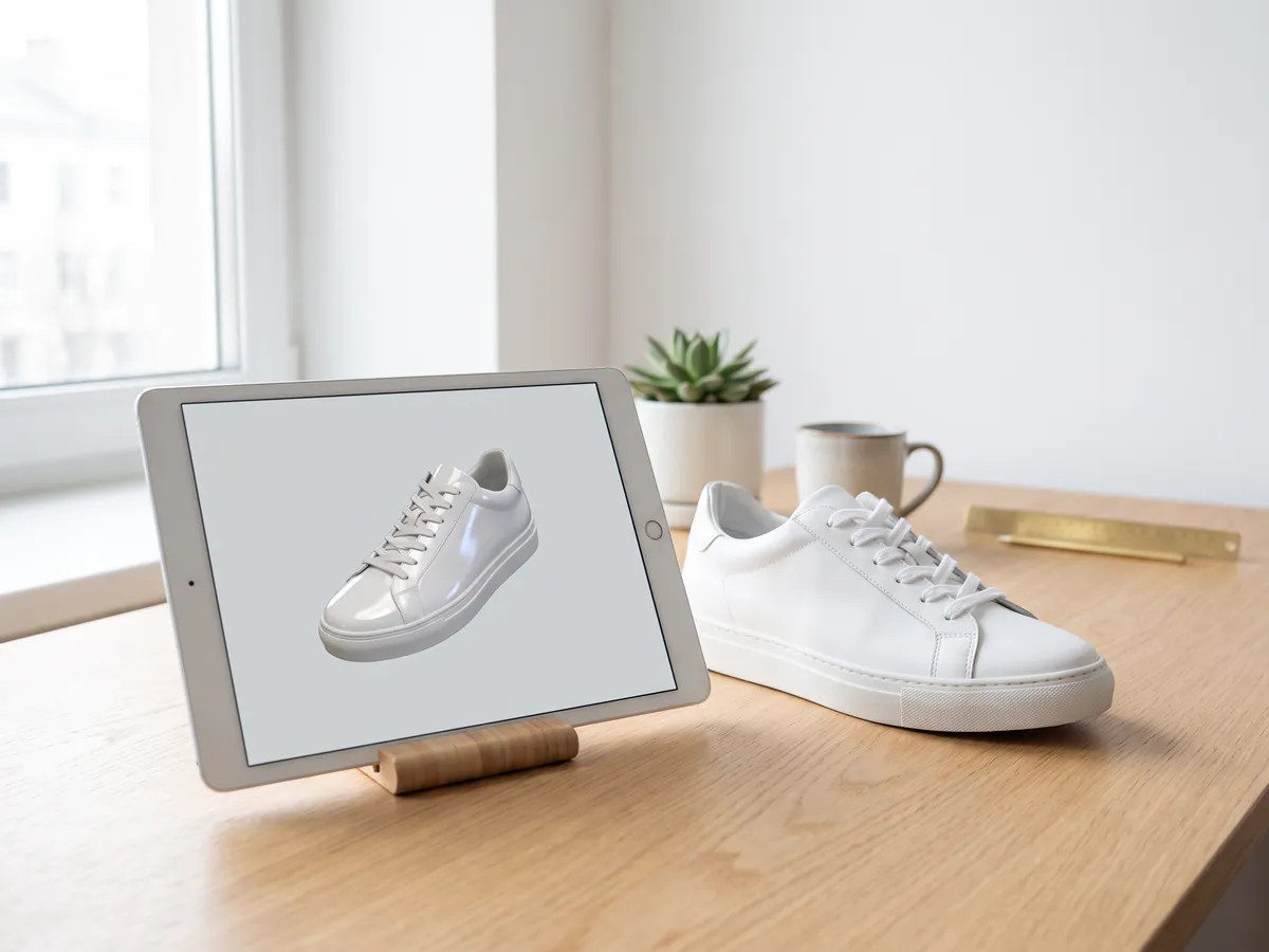 Tablet showing a glossy 3D product model of a sneaker in a web viewer next to the real shoe