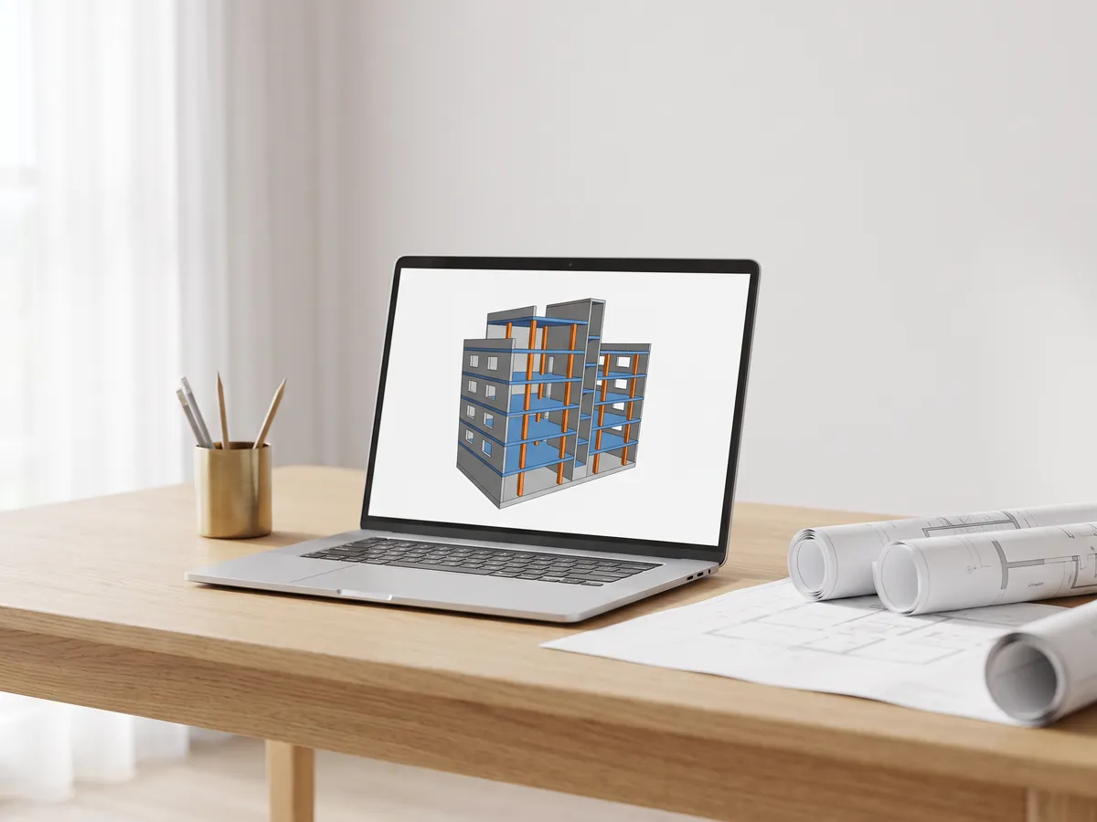 Laptop showing a colour-coded 3D BIM model of a building cut open, with printed plans beside it