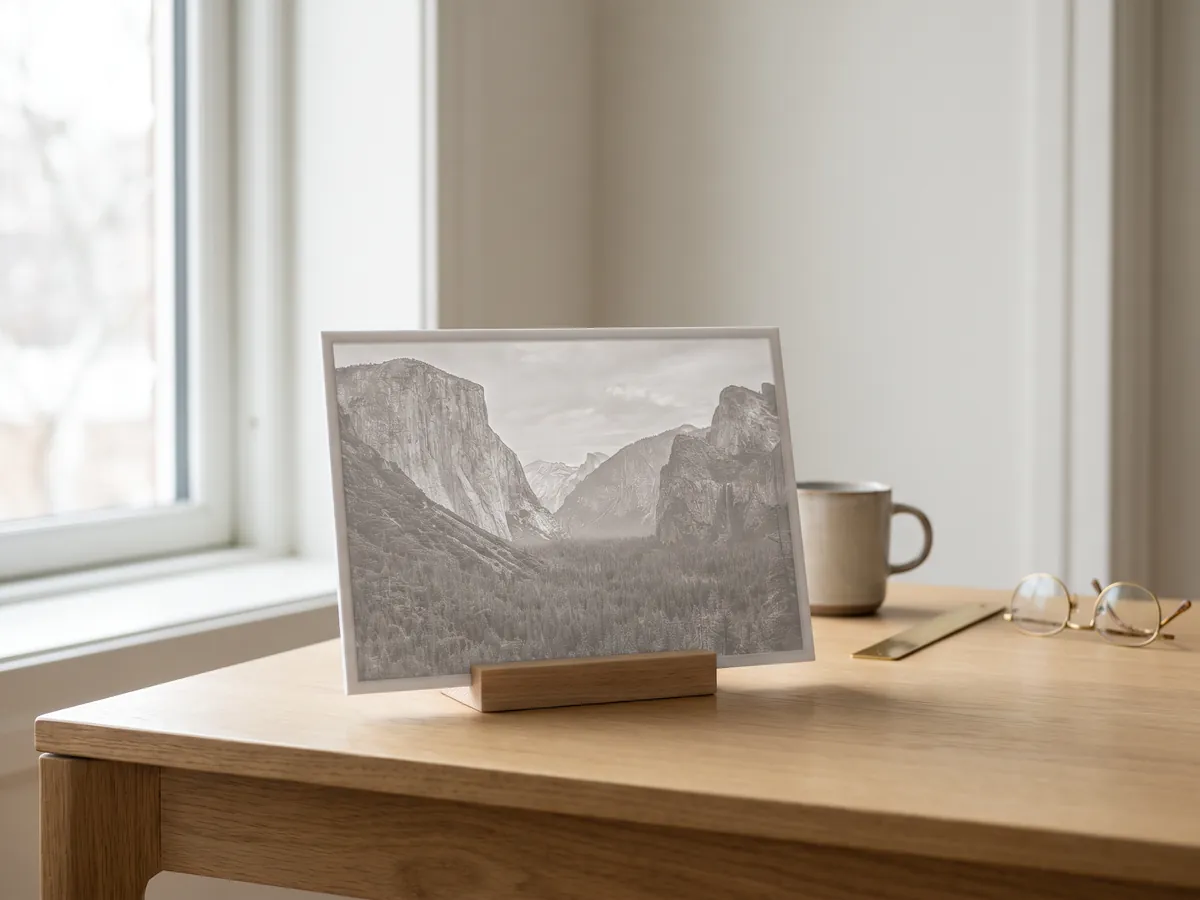 White 3D printed lithophane of a mountain landscape lit from behind by window light