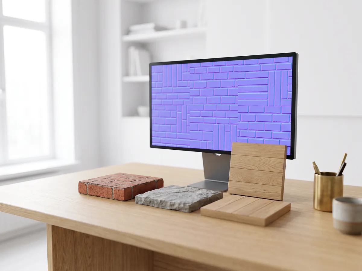 Brick, stone and oak material samples in front of a monitor showing a purple and blue normal map