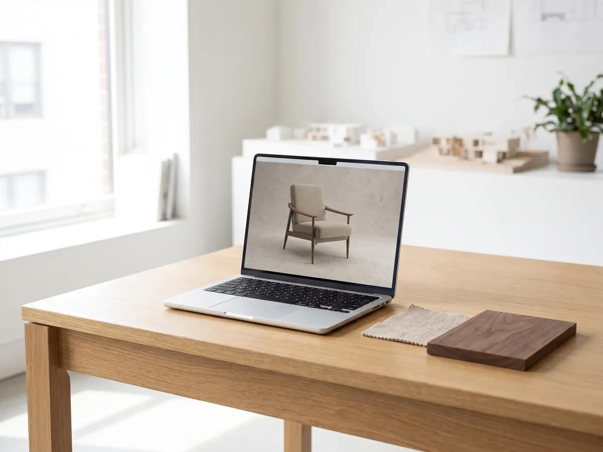 Laptop showing a textured 3D model of a lounge chair, with fabric and wood samples