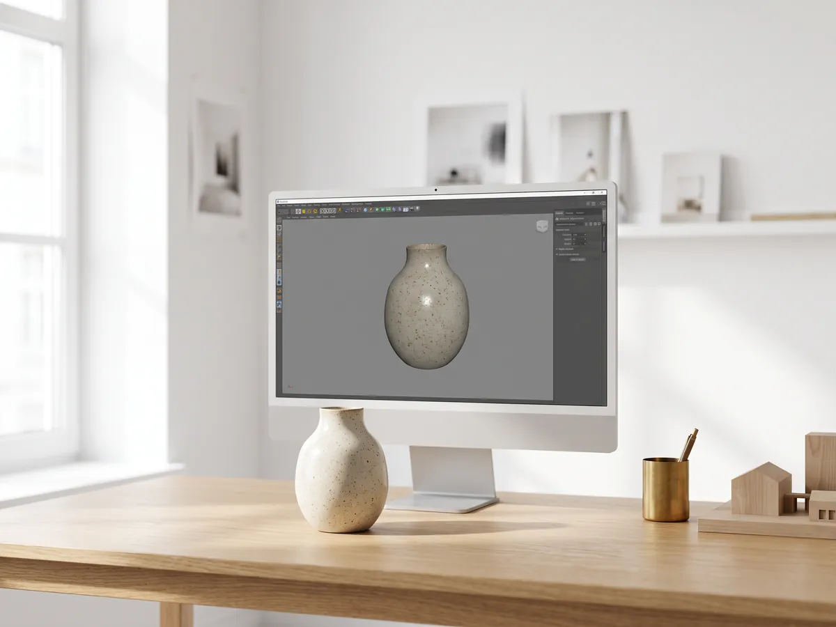 Monitor showing a textured 3D model of a ceramic vase next to the real vase on the desk
