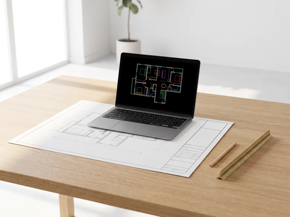 Printed architectural plan on a desk beside a laptop showing the same plan as coloured CAD lines