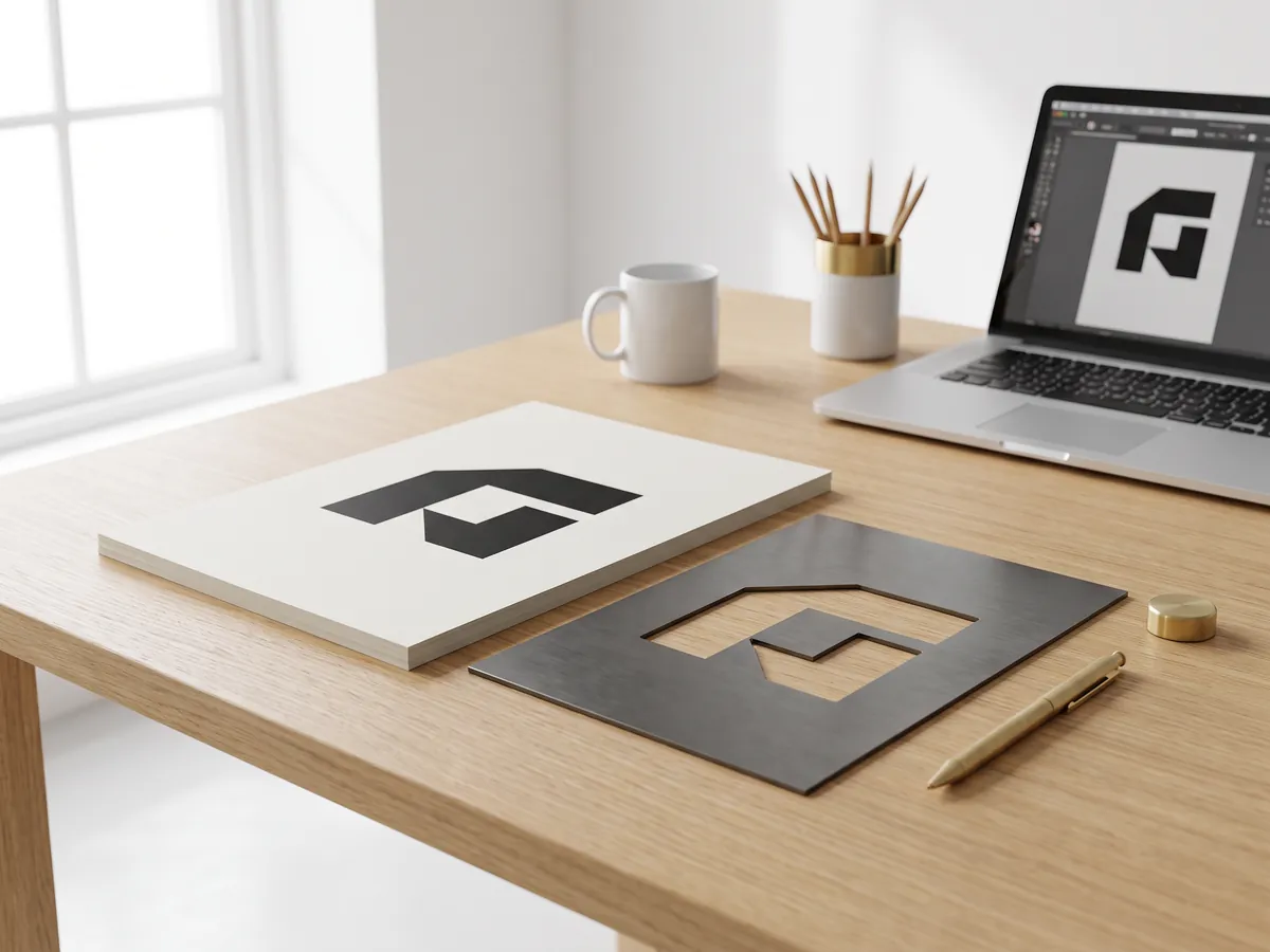 Black and white printed logo on paper next to a laser-cut steel version of the same logo