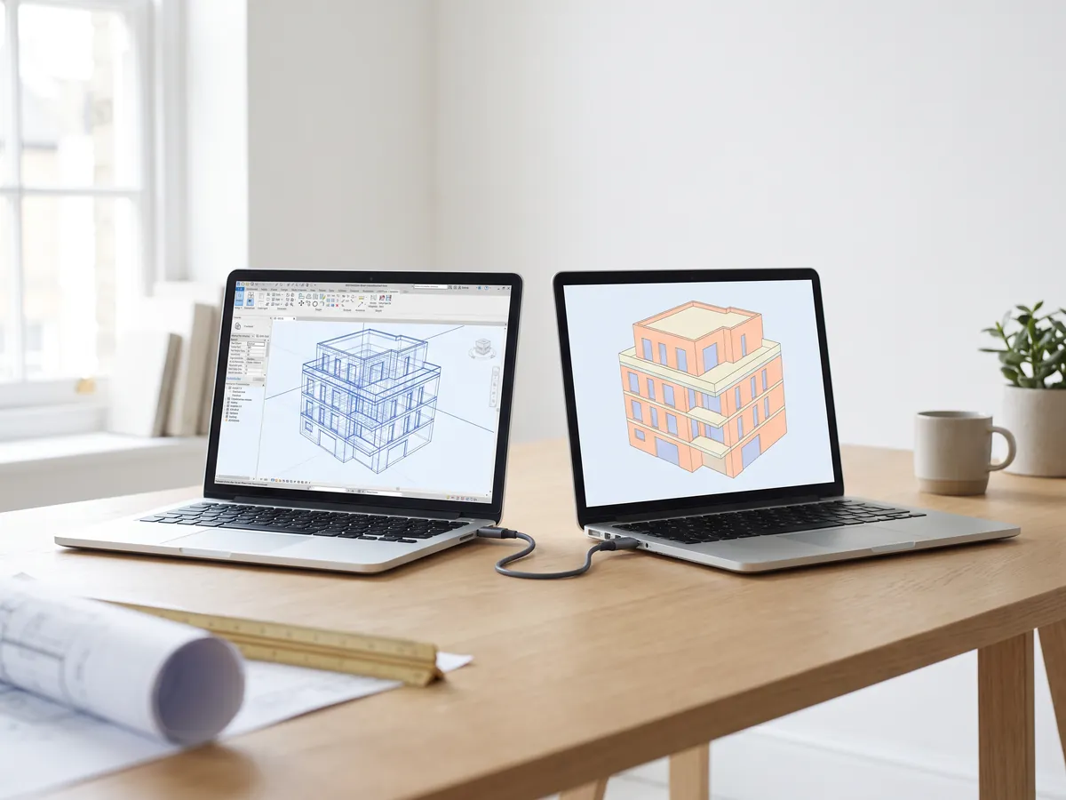 جهازا كمبيوتر محمول على مكتب خشبي من خشب البلوط، أحدهما يعرض نموذج Revit والآخر نفس المبنى كنموذج IFC مرمّز بالألوان.