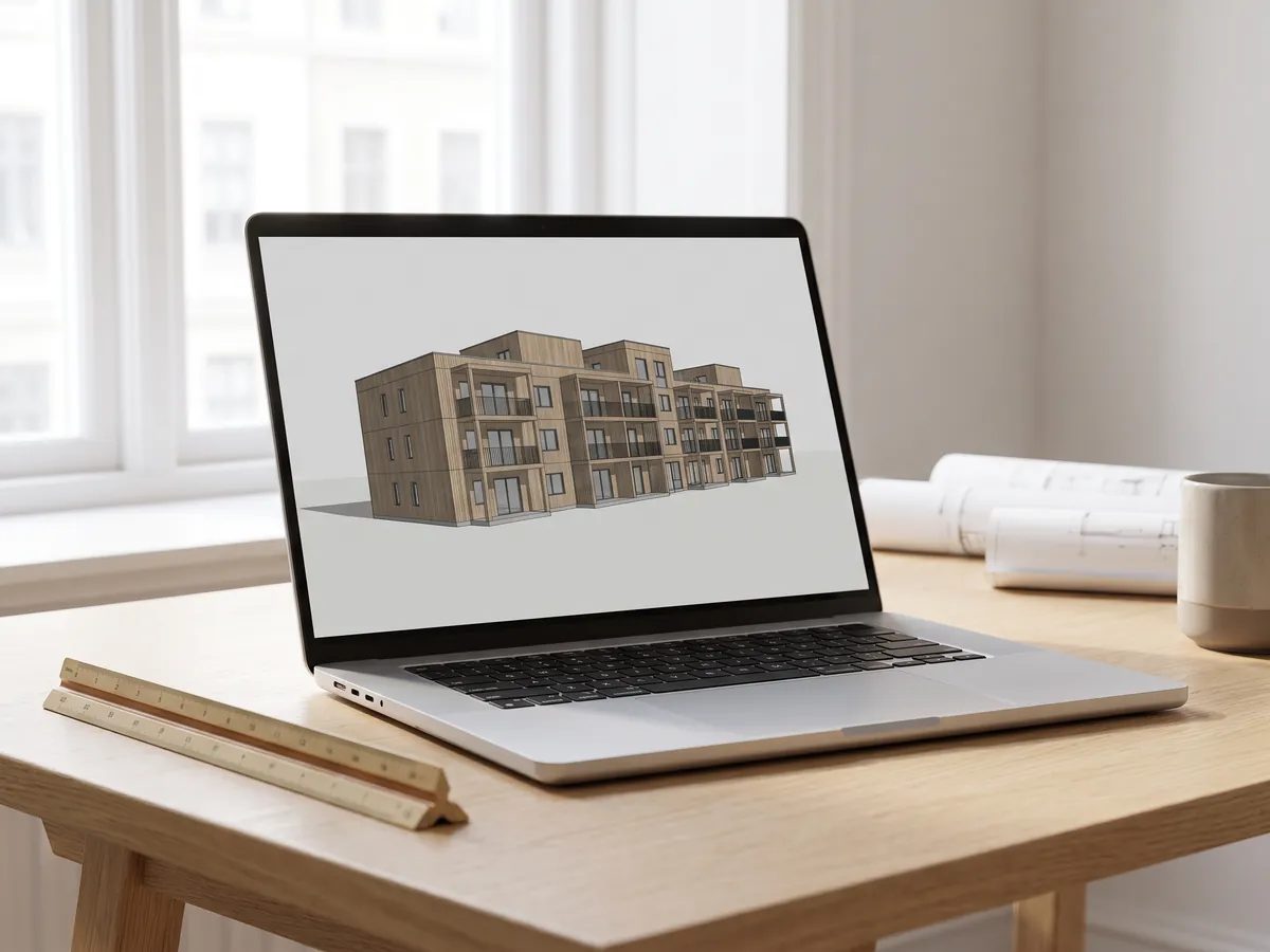 Laptop showing a 3D model of a timber-clad apartment building, with a scale ruler beside it