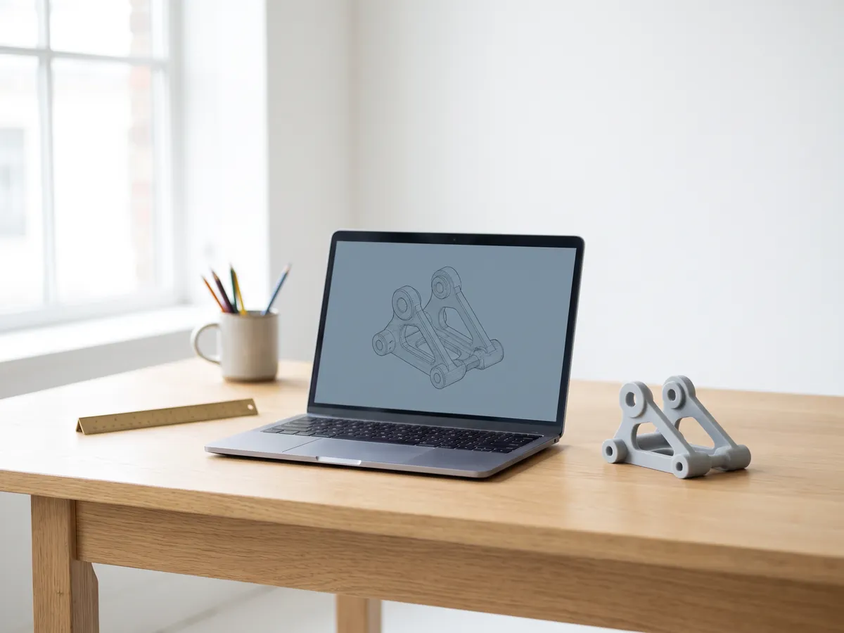 Laptop showing a blue-grey 3D CAD model of a mechanical part next to a 3D printed copy of the part