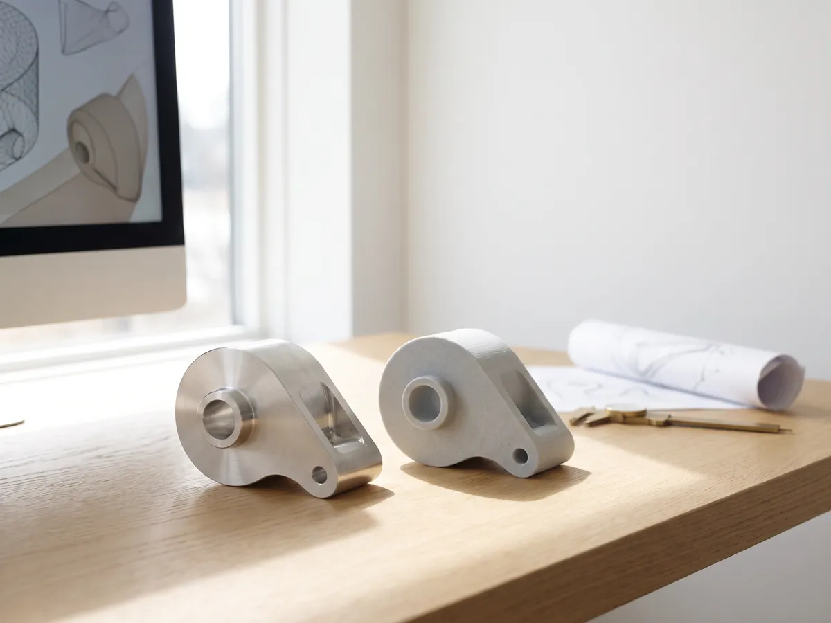 Machined aluminium part next to an identical 3D printed plastic copy