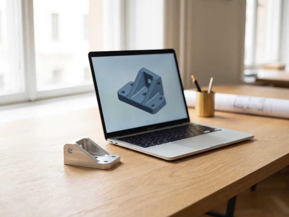 Machined aluminium bracket next to a laptop showing the same part as a 3D CAD model