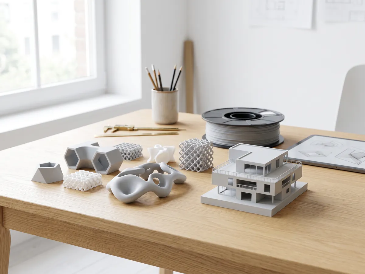 3D printed parts and a small printed building model with a spool of filament