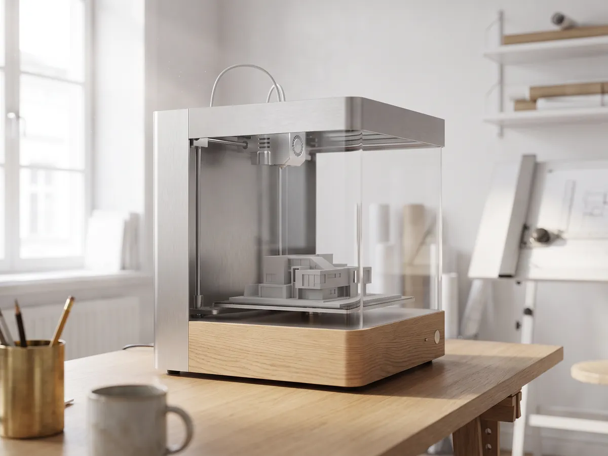 Desktop 3D printer with a printed grey building model on its build plate