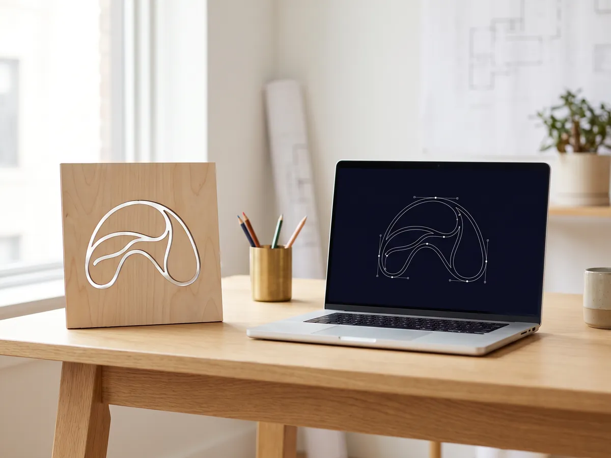 Laser-cut birch plywood sign with a curved logo outline beside a laptop showing the same vector paths