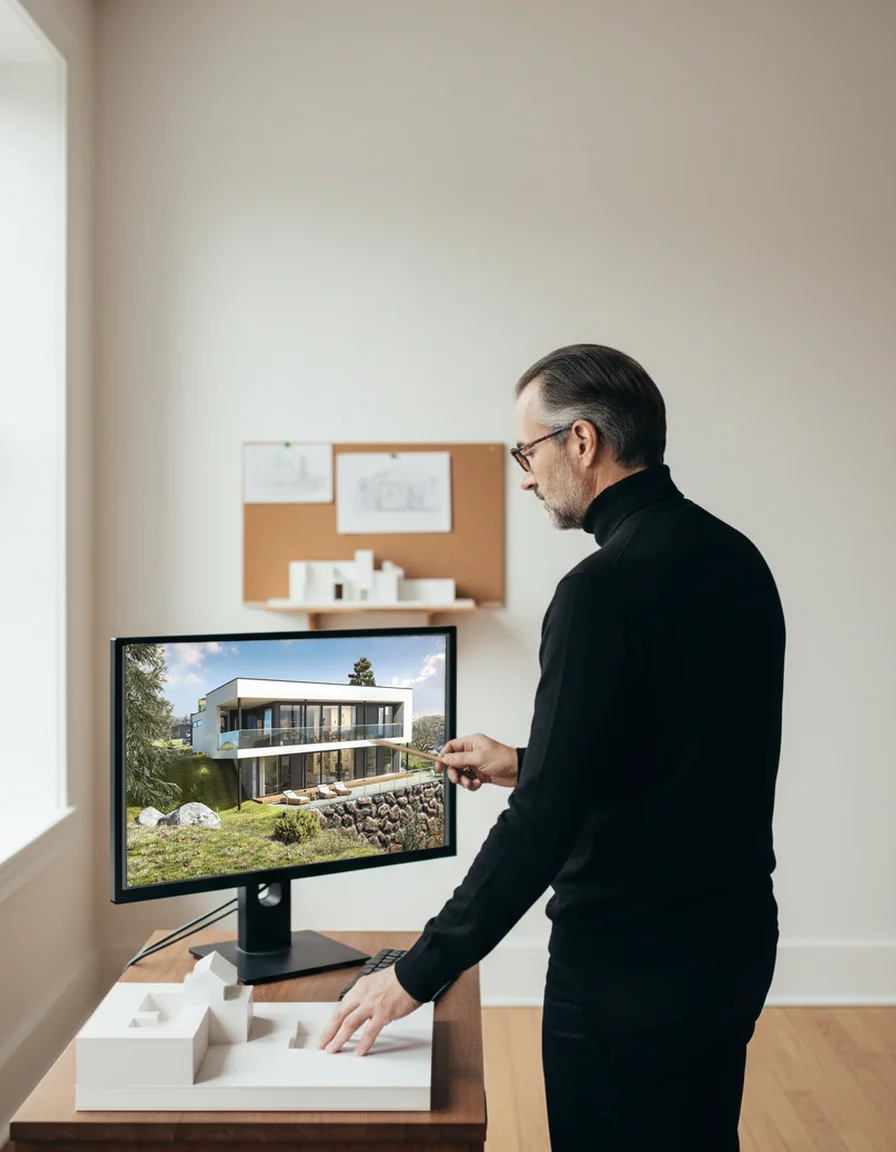 3D rendering arhitektidele: arhitekt arutab fotorealistlikku maja renderdust oma monitoril valge massimudeli kõrval