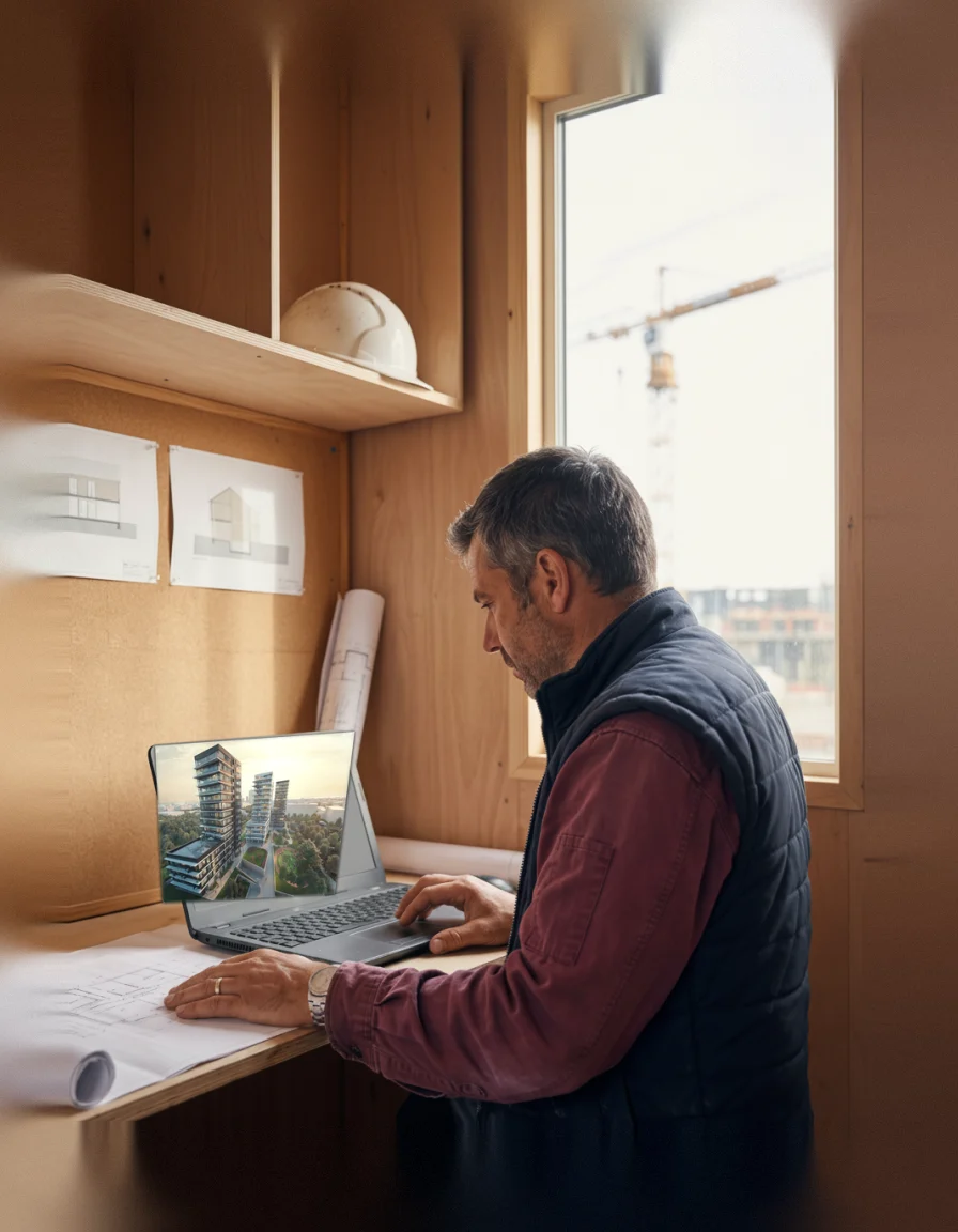 3D renderdus ehituseks: ehitusplatsi juht vaatab oma sülearvutis ehitusplatsi barakis uute elamutornide renderdust, joonised kinnitatud tema taga.