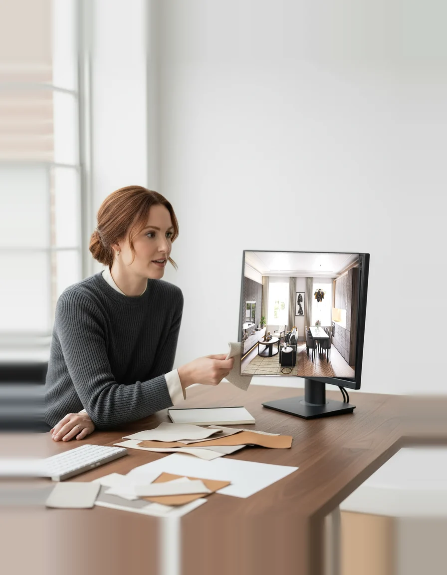 3D-renderdus sisekujundajatele: disainer tutvustab kliendile fotorealistlikku elutoa ja söögitoa renderdust oma monitoril, kangaproovid laual.