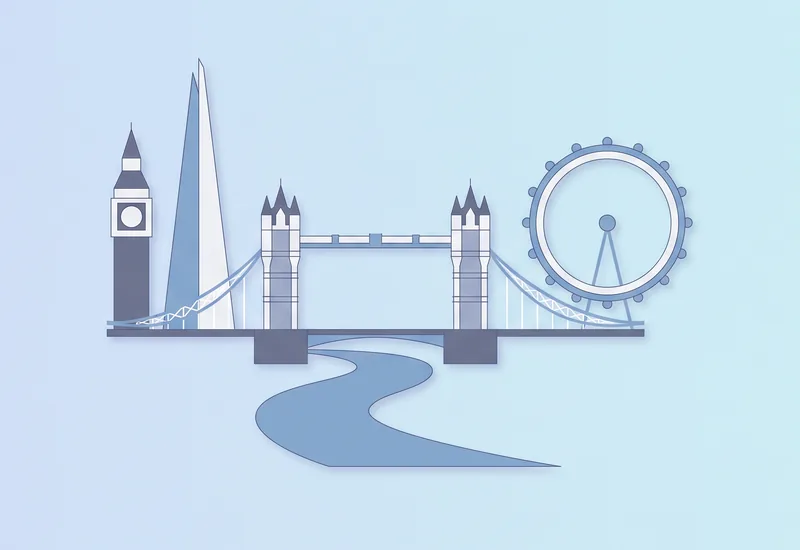 Illustrasjon av London: Big Ben, The Shard, Tower Bridge og London Eye