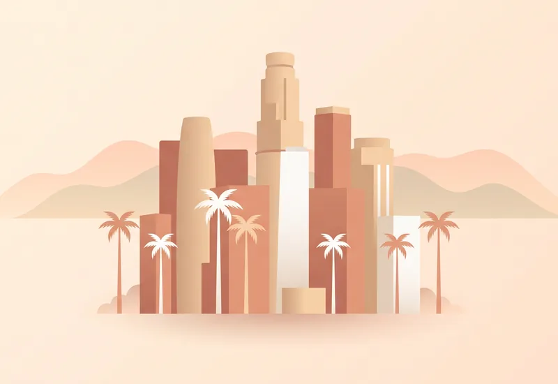 Illustrasjon av Los Angeles: tårn i sentrum, palmetrær og åser
