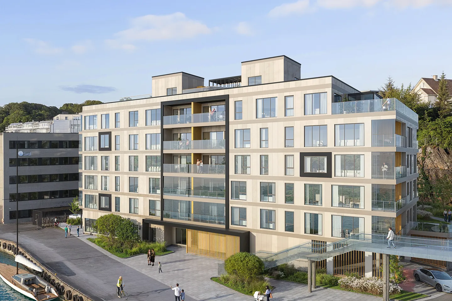 Render of an apartment building on a harbour, used for the apartment selector demo