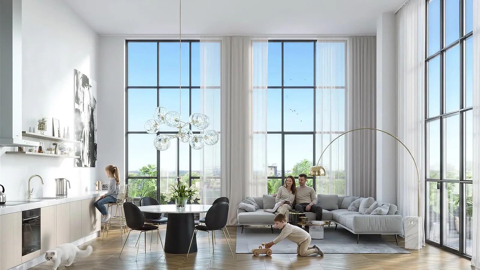 Photoreal 3D interior render of a premium double-height living room, Tööstuse 47D, Estonia