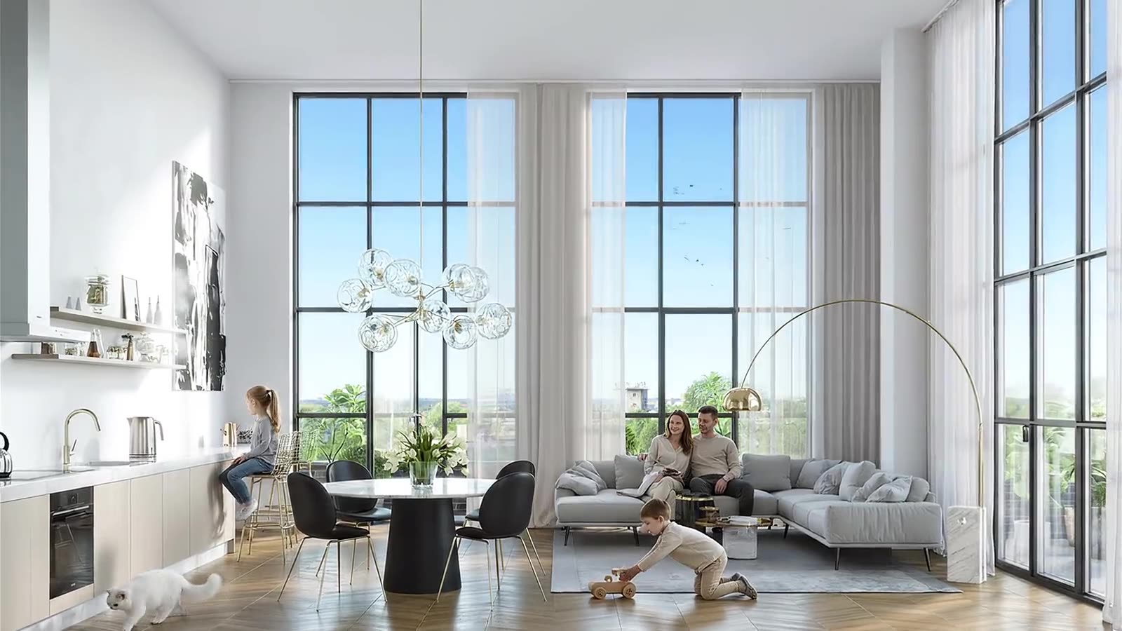 3D architectural visualization of a waterfront residential development