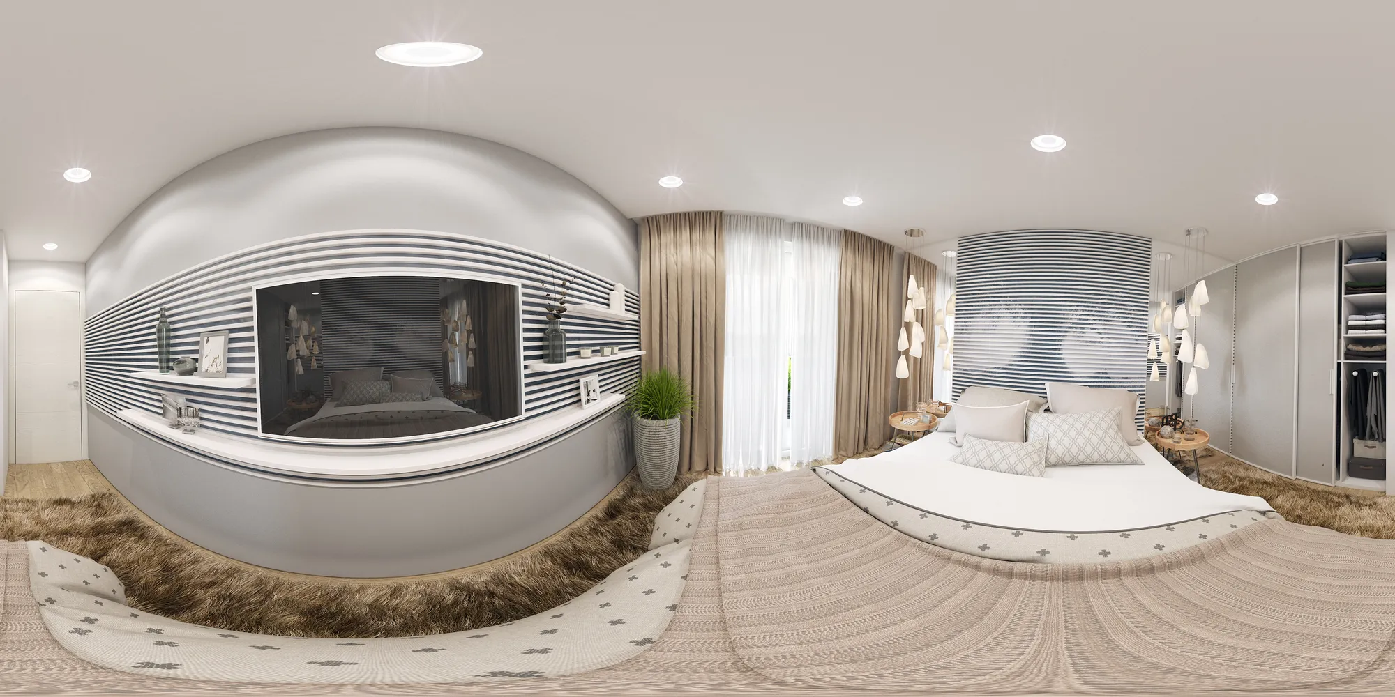 Recorte de un panorama de dormitorio renderizado en su forma equirectangular plana, curvado en los bordes hasta que un visor 360 lo envuelve a tu alrededor, Estonia
