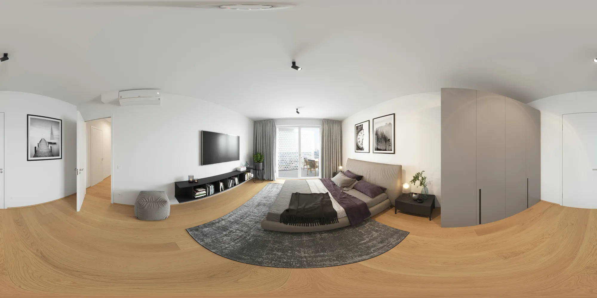 360 virtual tour panorama of a rendered bedroom with a double bed, a wall-mounted television, a tall wardrobe and a balcony door, Austria